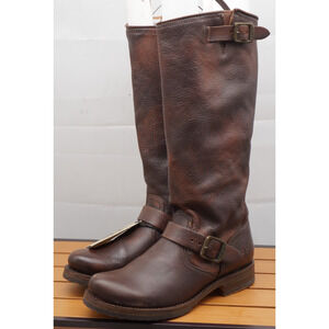 Frye Womens Veronica Boot Size 7.5 Tall Slouch Moto Brown Leather Buckle Straps